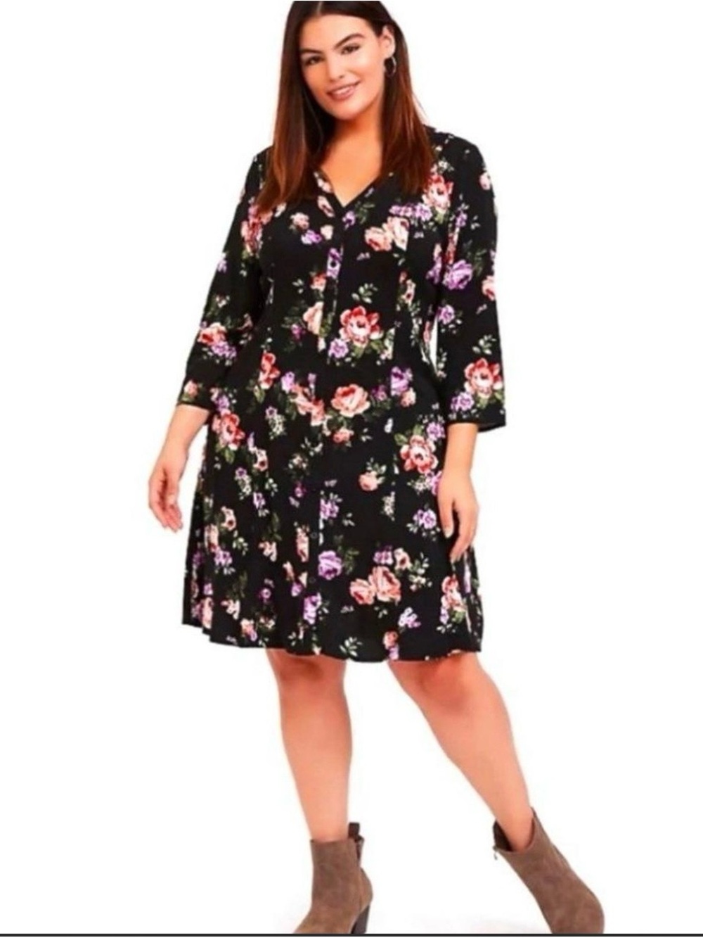 Black Torrid floral button-front midi dress with 3/4 sleeves.